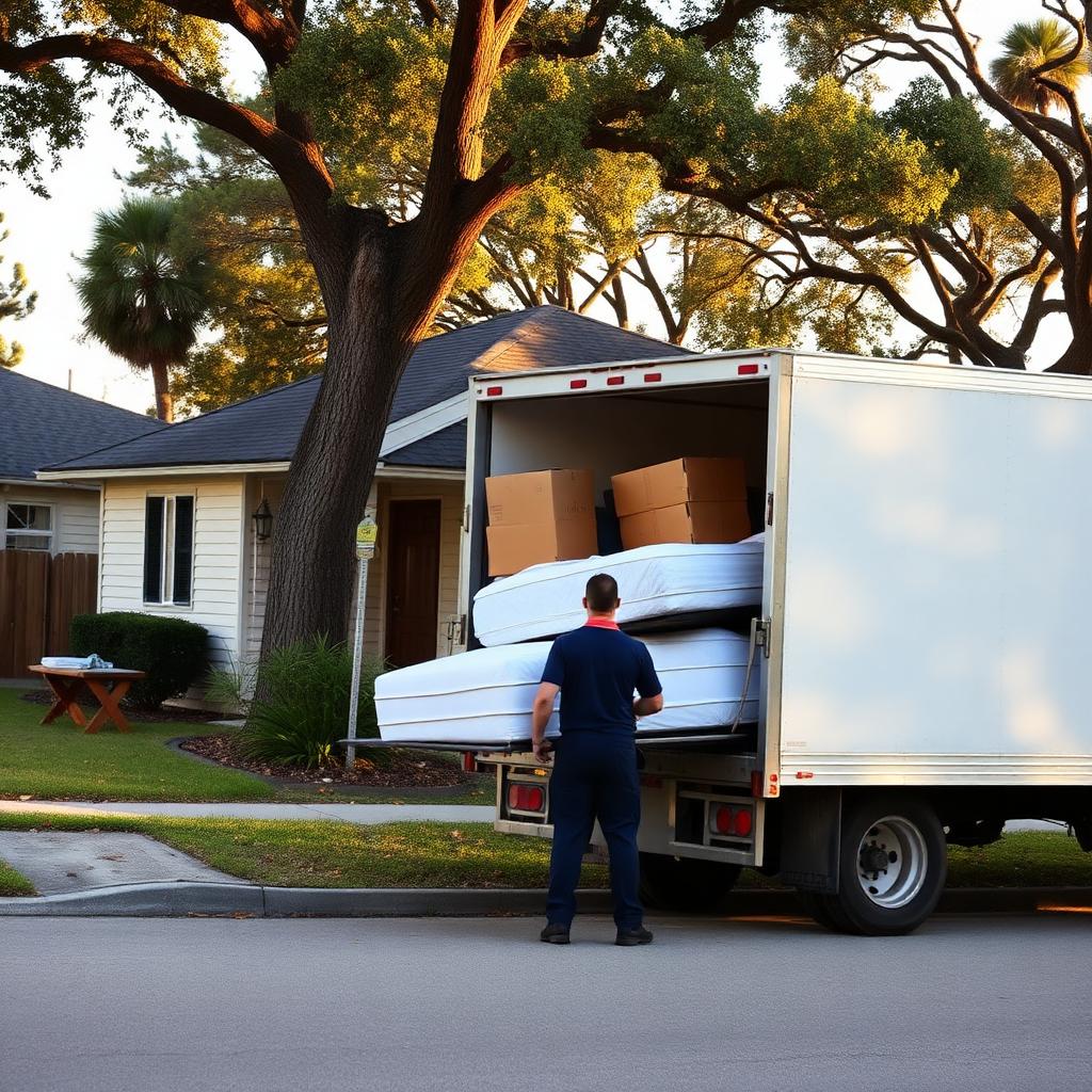 Junk removal box truck loaded with mattresses and boxes at a Sanford estate cleanout