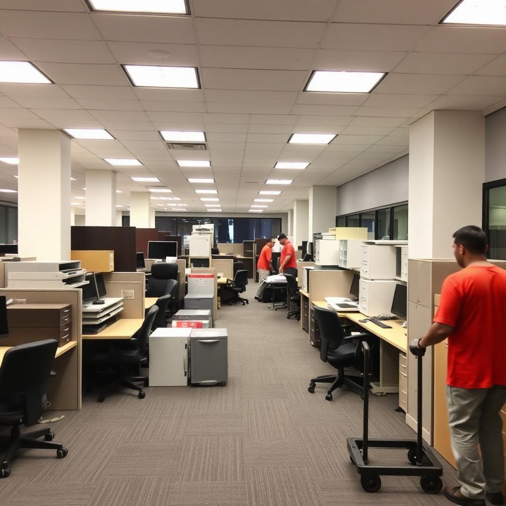 Junk removal crew clearing cubicles, chairs, and office equipment from a downtown Orlando office