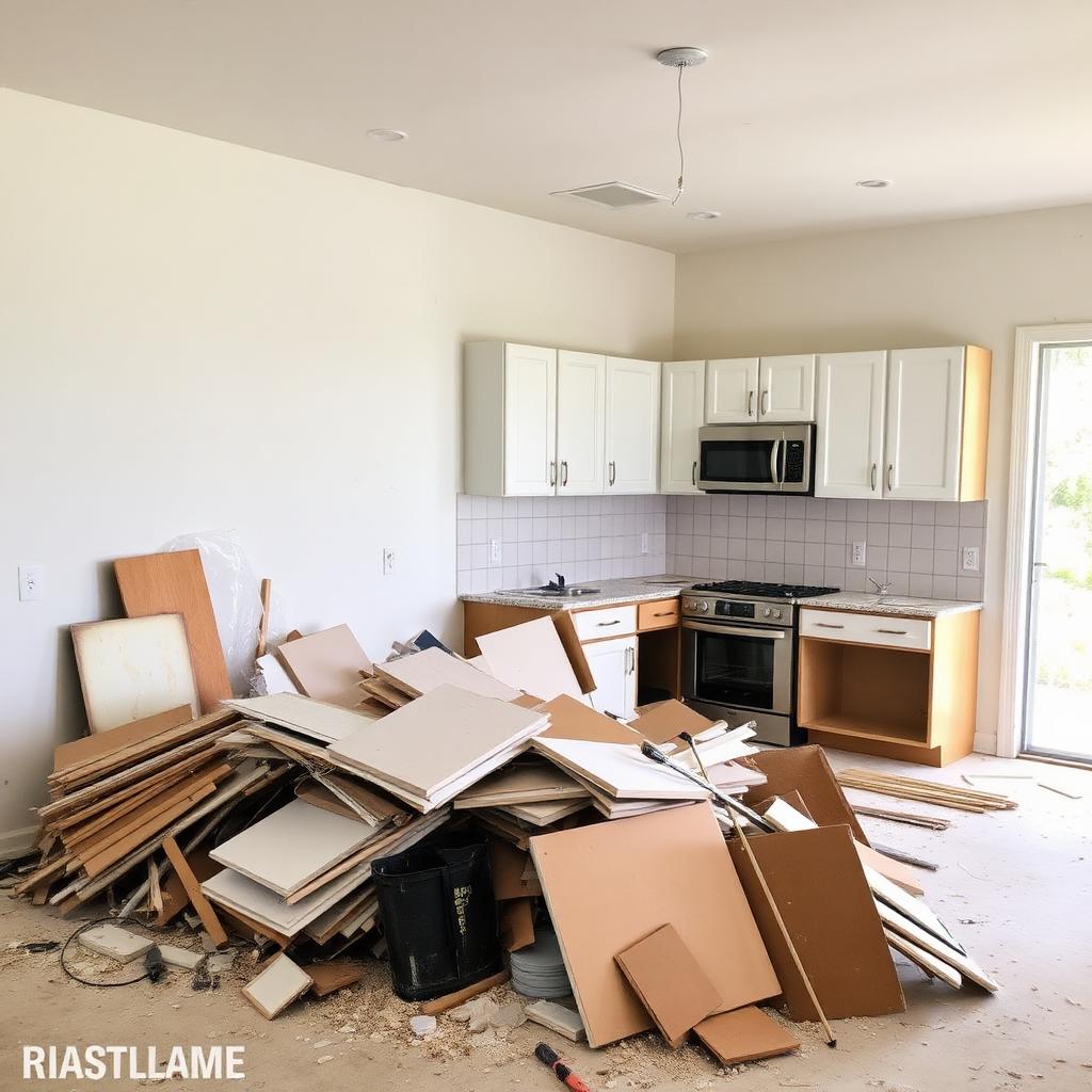Kitchen demolition debris — cabinets, drywall, and countertop pieces stacked mid-remodel in Winter Park