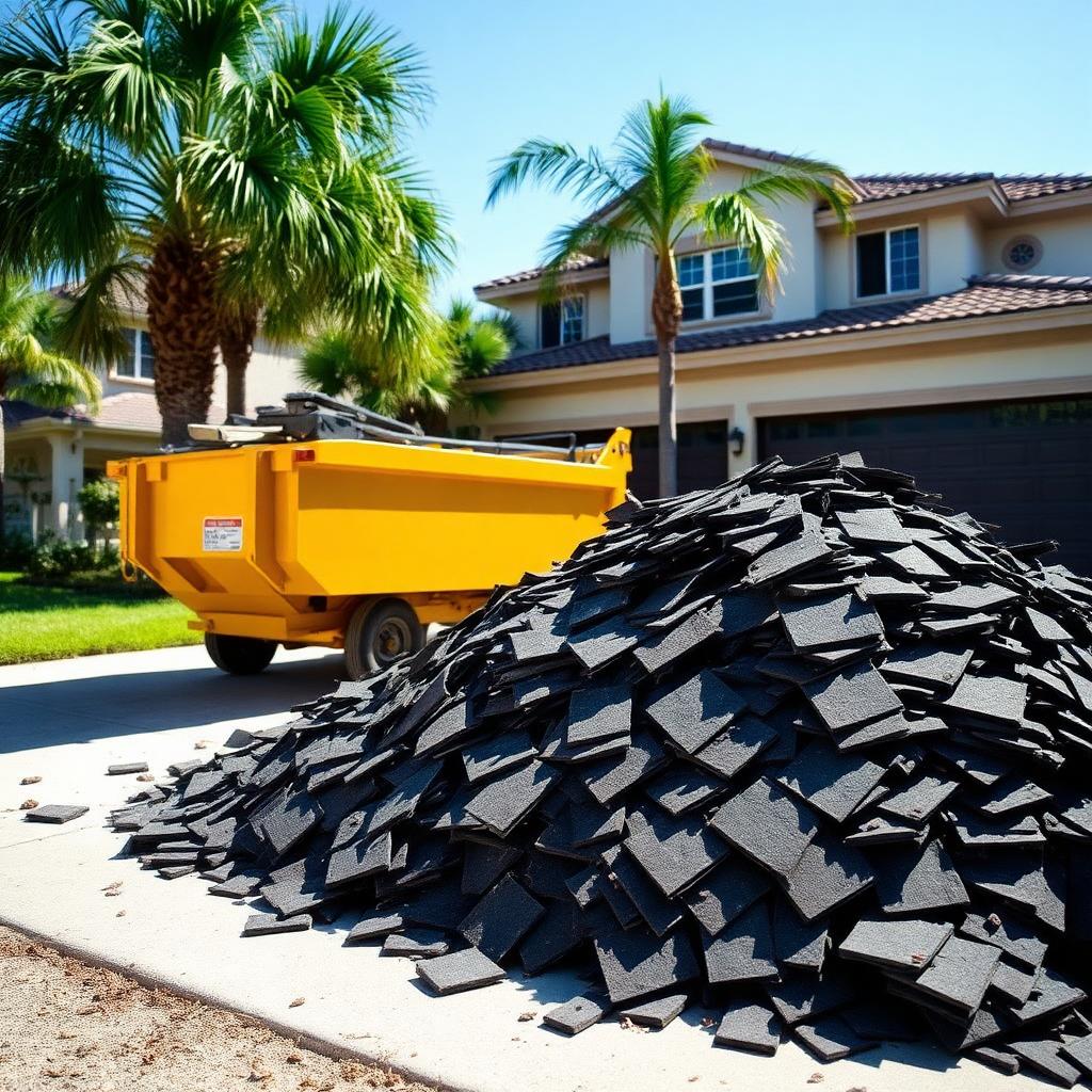Asphalt shingle tear-off pile beside a yellow dumpster at an Orlando home
