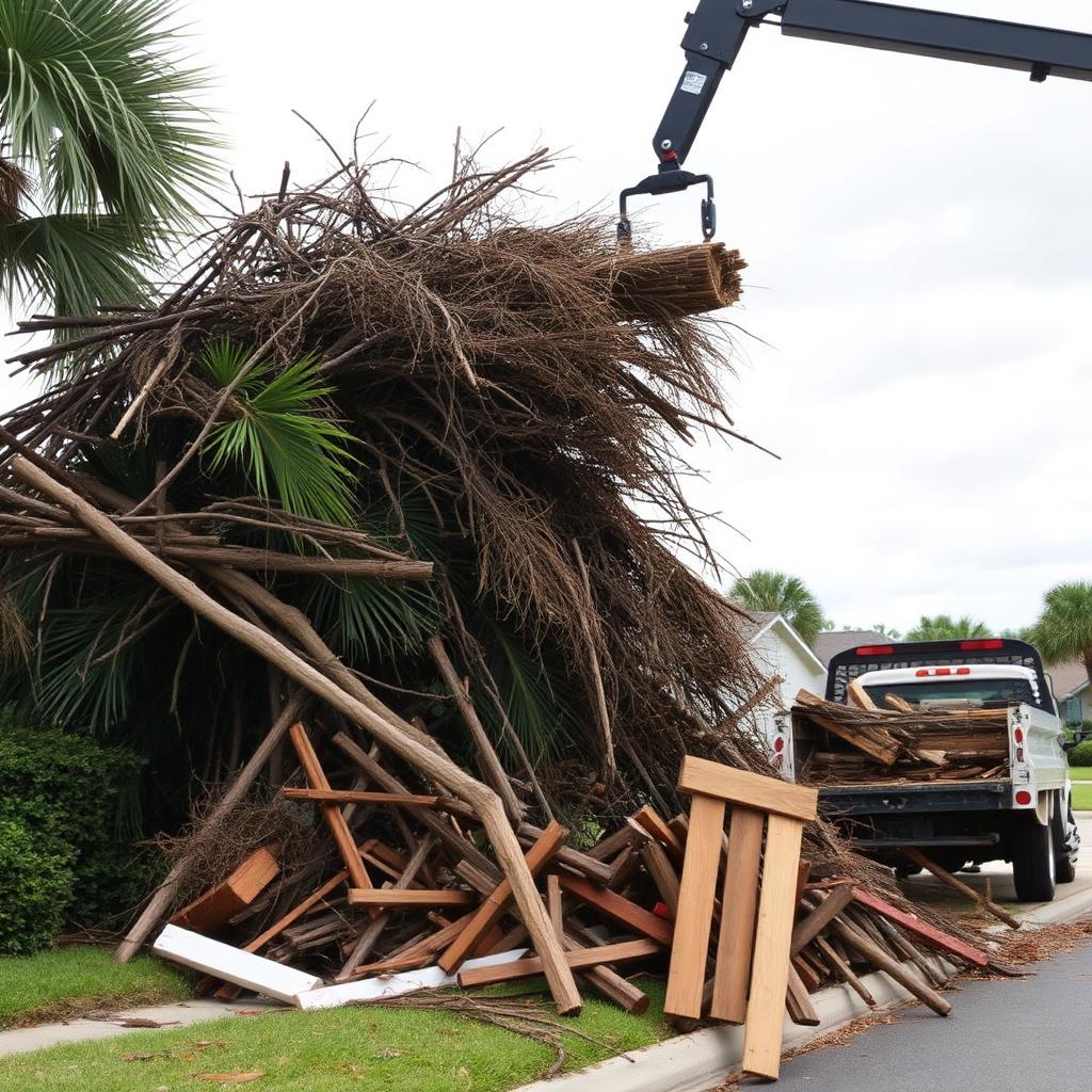 Grapple truck loading a large pile of tree limbs, palm fronds, and yard debris in Deltona