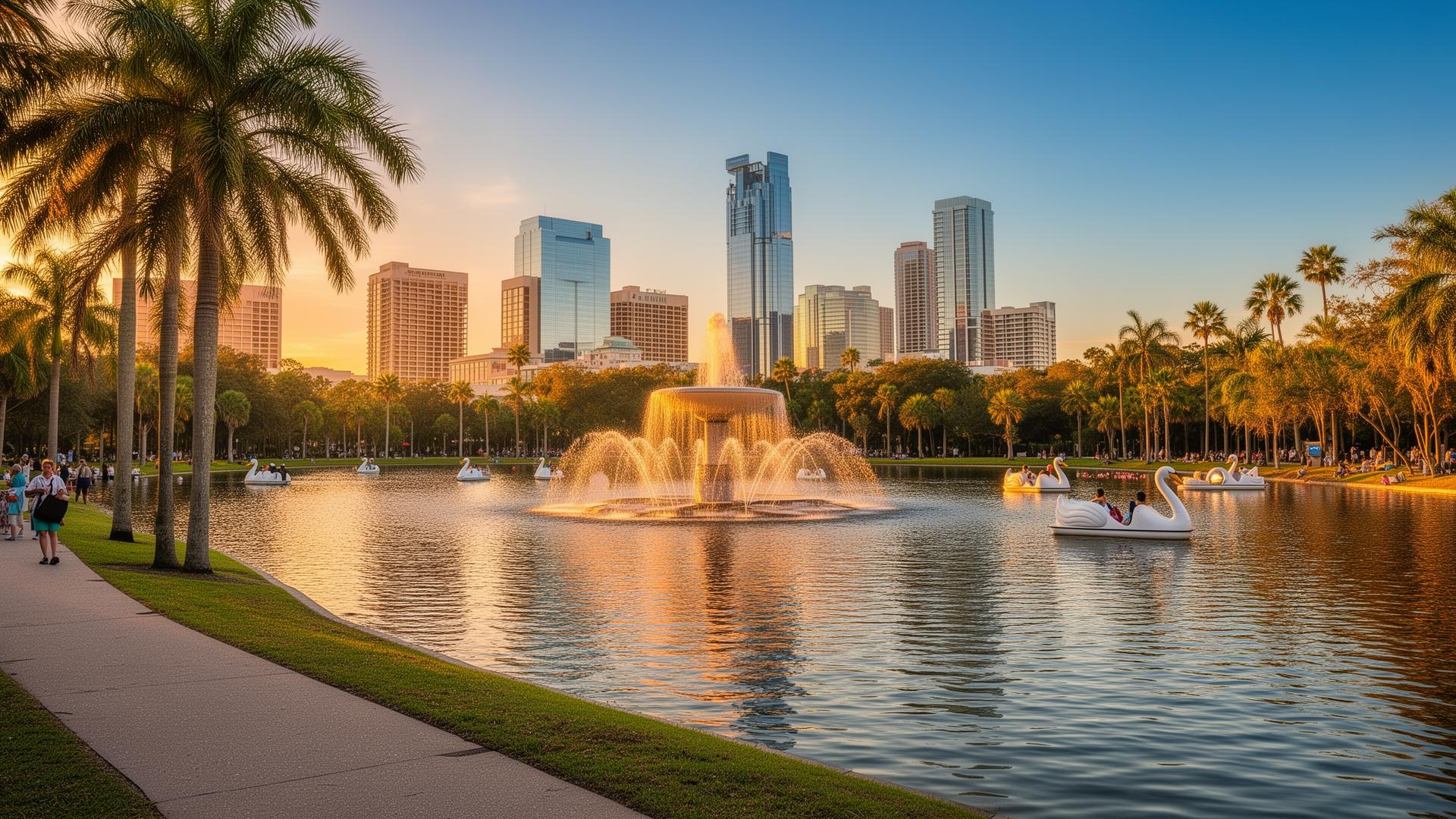 Lake Eola fountain with the downtown Orlando skyline at golden hour